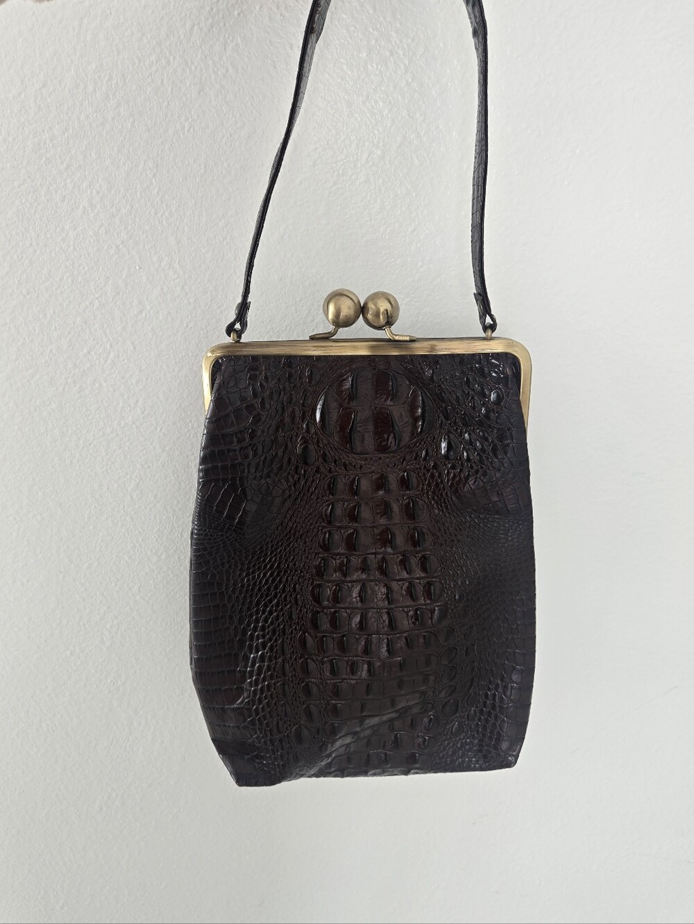 Dark Brown Croc-Embossed Leather Kiss-Lock Wristlet